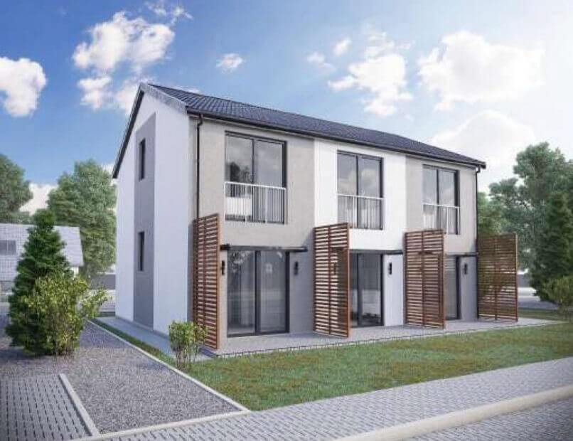 Drevostavba na&nbsp;kľúč – poschodový rodinný dom s predzáhradkou a&nbsp;parkovaním pred domom